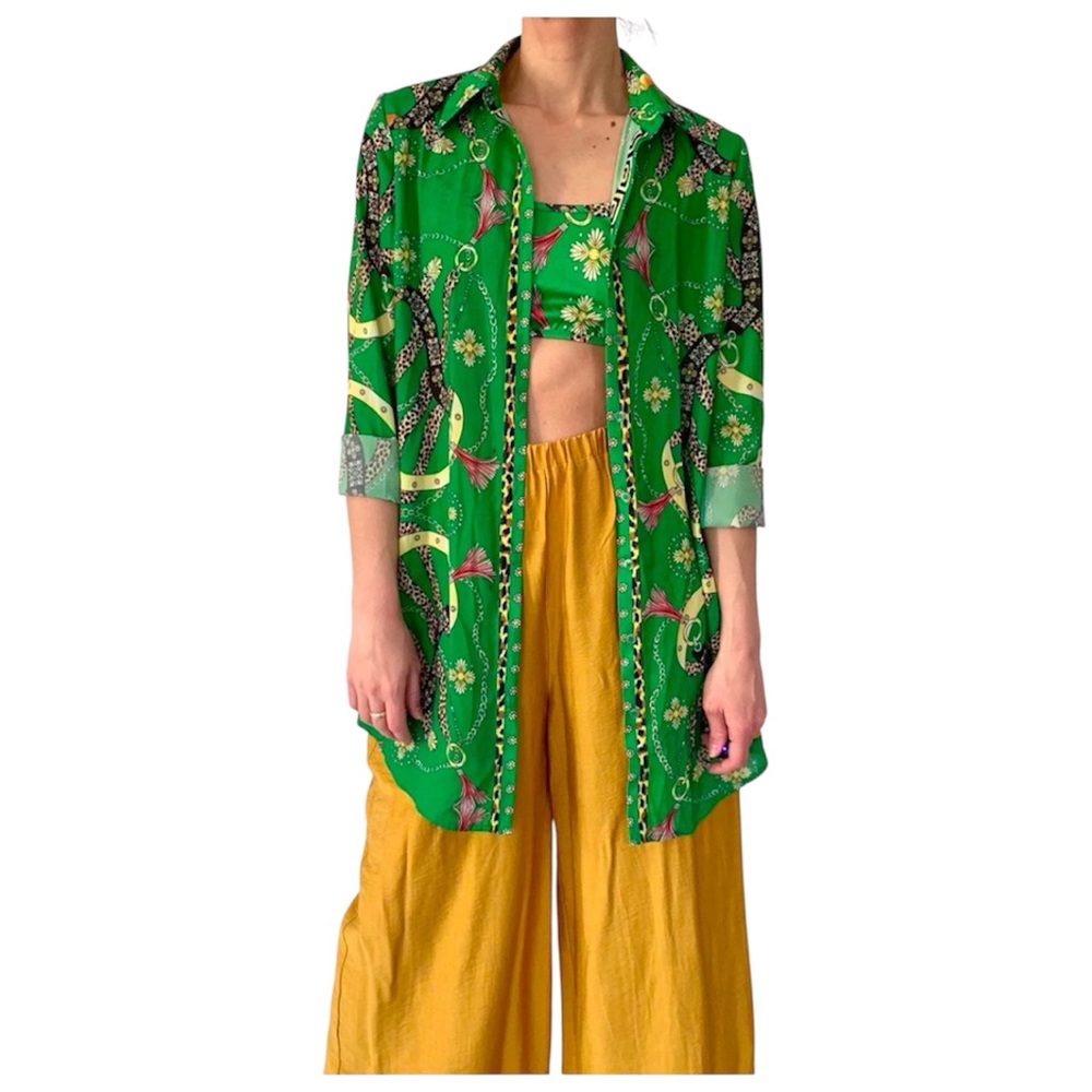 Green co-ord 3 piece set w/ tank, button-down, pants. Size S, Sample by Banjul